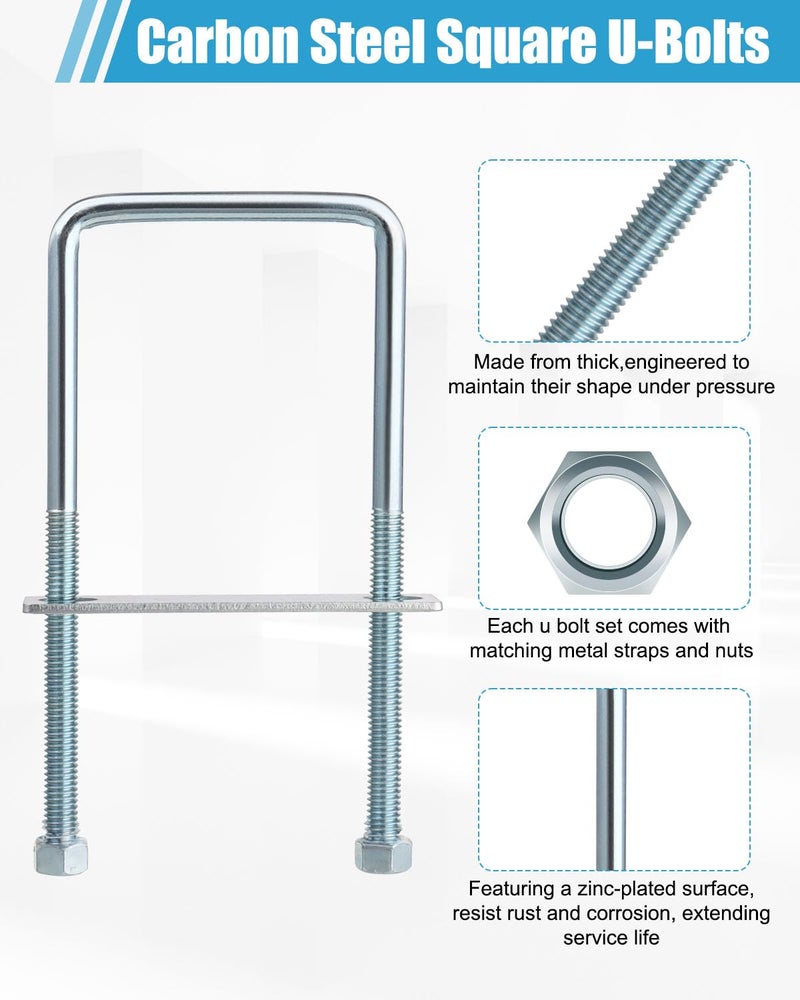 AOKLIT Store 12 Pcs Square u-Bolts Zinc Plated, U Bolt Carbon Steel for Household, Tube, Industrial Supplies(3/8'' x 3'' x 7'') - Image 3